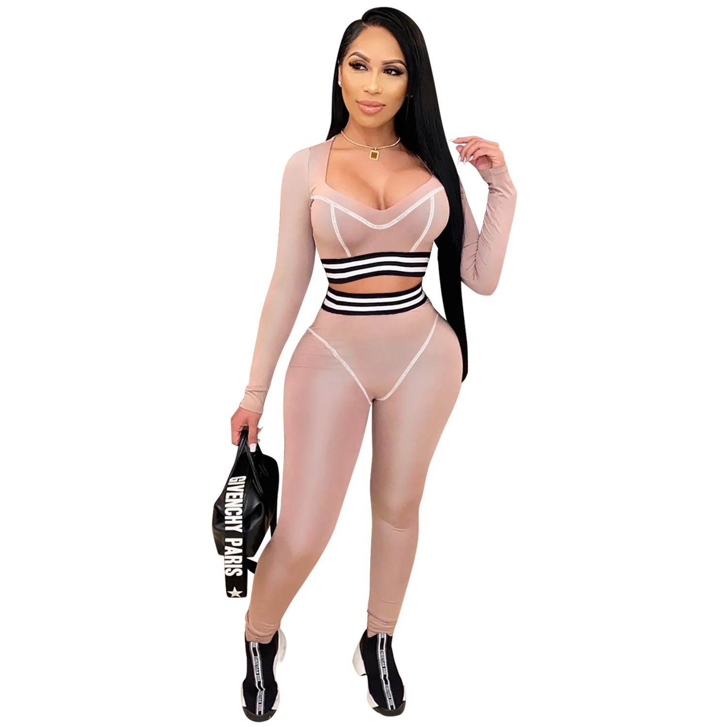Autumn Long Sleeve Striped Panelled Long Trousers Clothing Set Solid Color Designer Women Two Piece Pants, White
Autumn Long Sleeve Striped Panelled Long Trousers Clothing Set Solid Color Designer Women Two Piece Pants, White