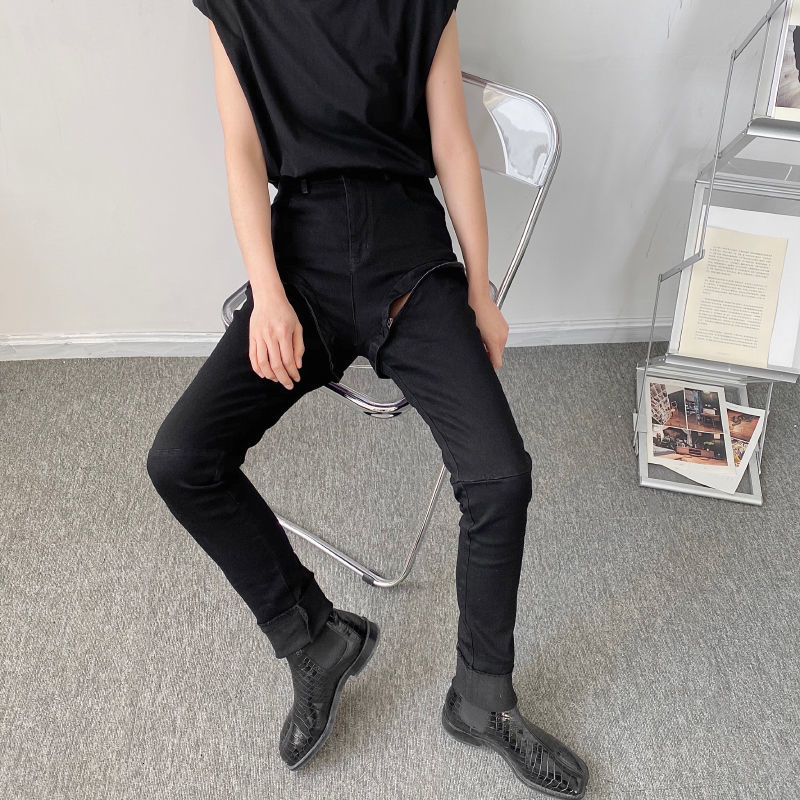 IEFB Spring Niche Dark Personality Thigh Zipper Deconstruction Slim Men's Black Jeans Causal Korean Denim Trousers 210524
