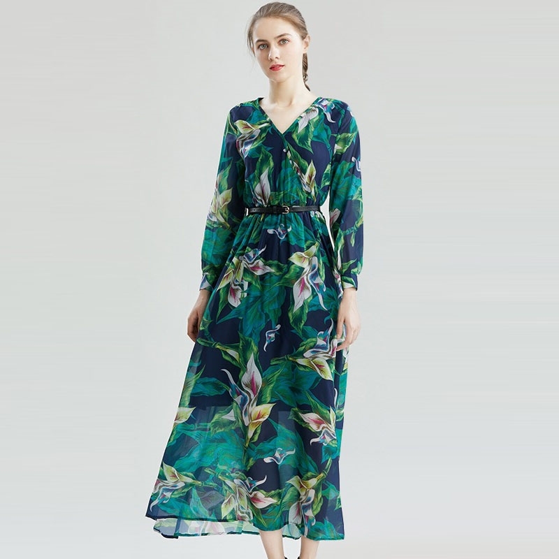 spring summer green flower leaf printed high waist chiffon v-neck maxi dress for women casual boho ropa femme robe hiver 210421