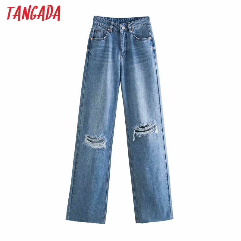 Fashion Women Hollow Ripped Blue Denim Jeans Trousers High Waist Lady Pants Pantalon 4M02 210416