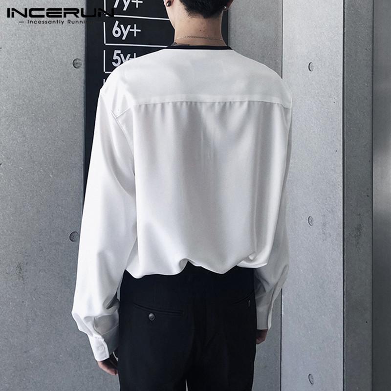 Male Buttons Chemise Mens Leisure Patchwork Shirts Korean Style Long Sleeve V Neck Camisa Hombre Pockets Blusas S-5XL 7 Men's Casual