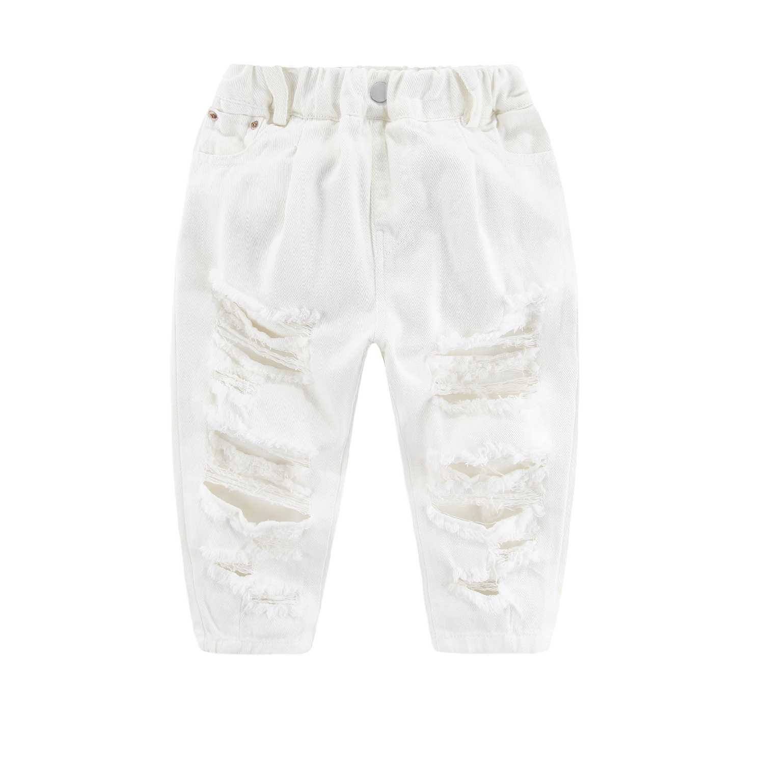 Mudkingdom Fashion Ripped Ankle Jeans for Boys Girls White Denim Crop Pants Toddler Trousers Elastic Waist Kids Summer Clothes 210615