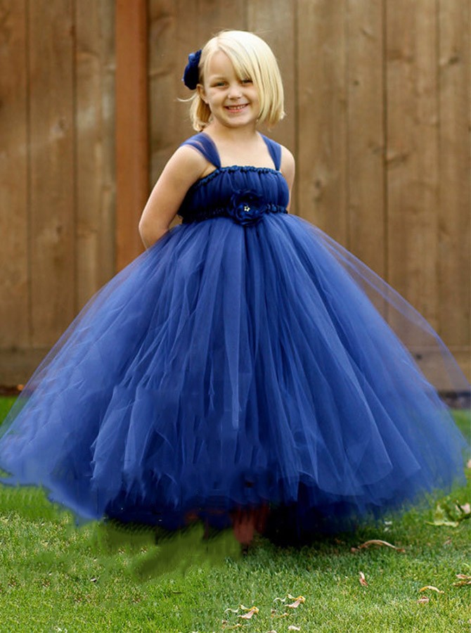 2021 Blue Beautiful Lace Flower Girls Dresses For Wedding Tulle Spaghetti Ankle Length A Line Communion Dress