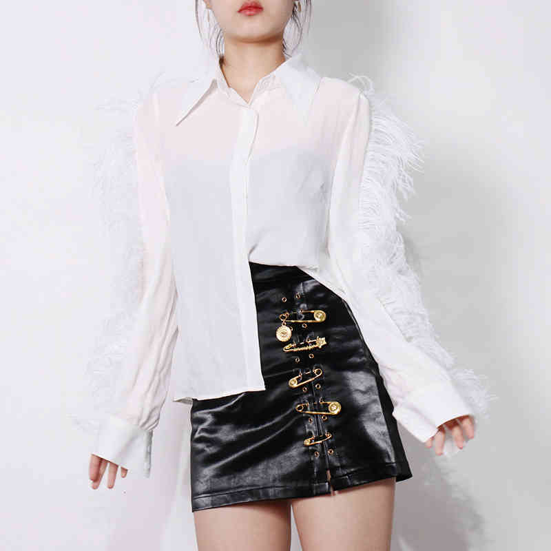 Casual White Chic Shirt For Women Lapel Long Sleeve Patchwork Feather Shirts Female Fashion Clothing Spring 210524