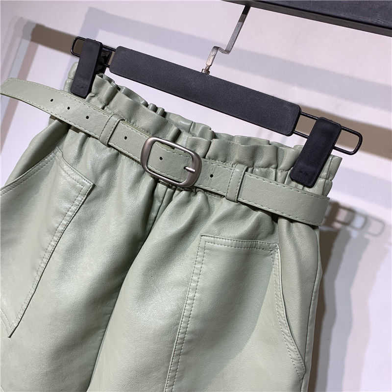 Belt Korean Style High Waist Pu Leather Shorts Women's Autumn Winter Booty 210714