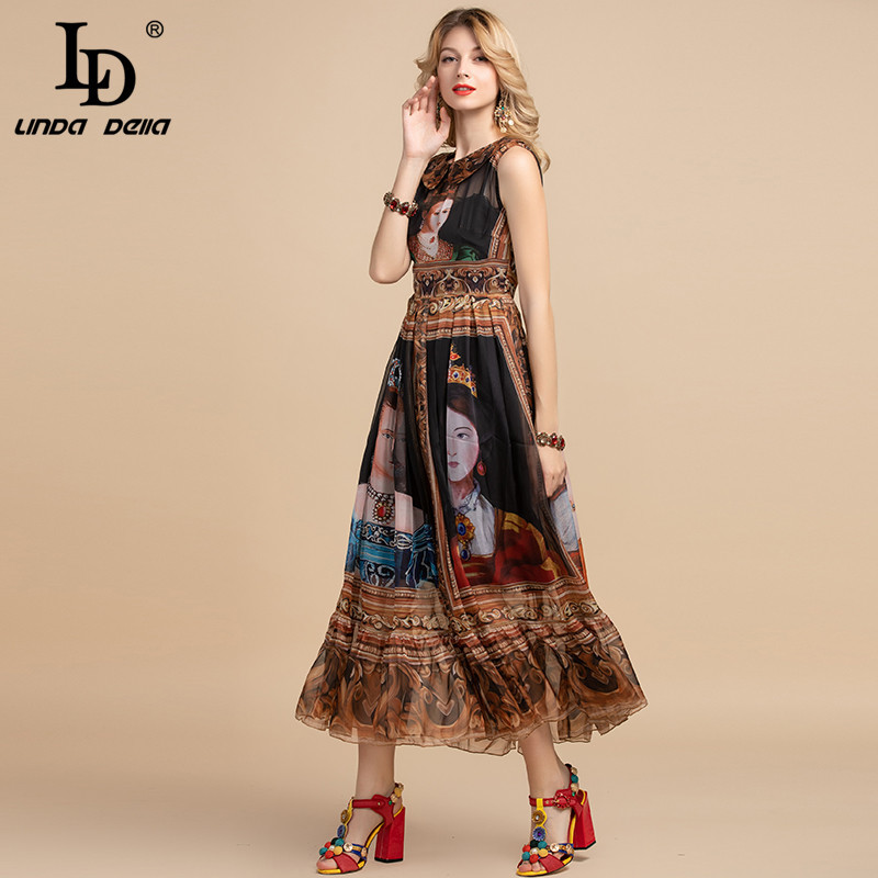 Summer Fashion Runway Vintage Long Dress Women's Sleeveless High waist Character Print Chiffon Dresses 210522