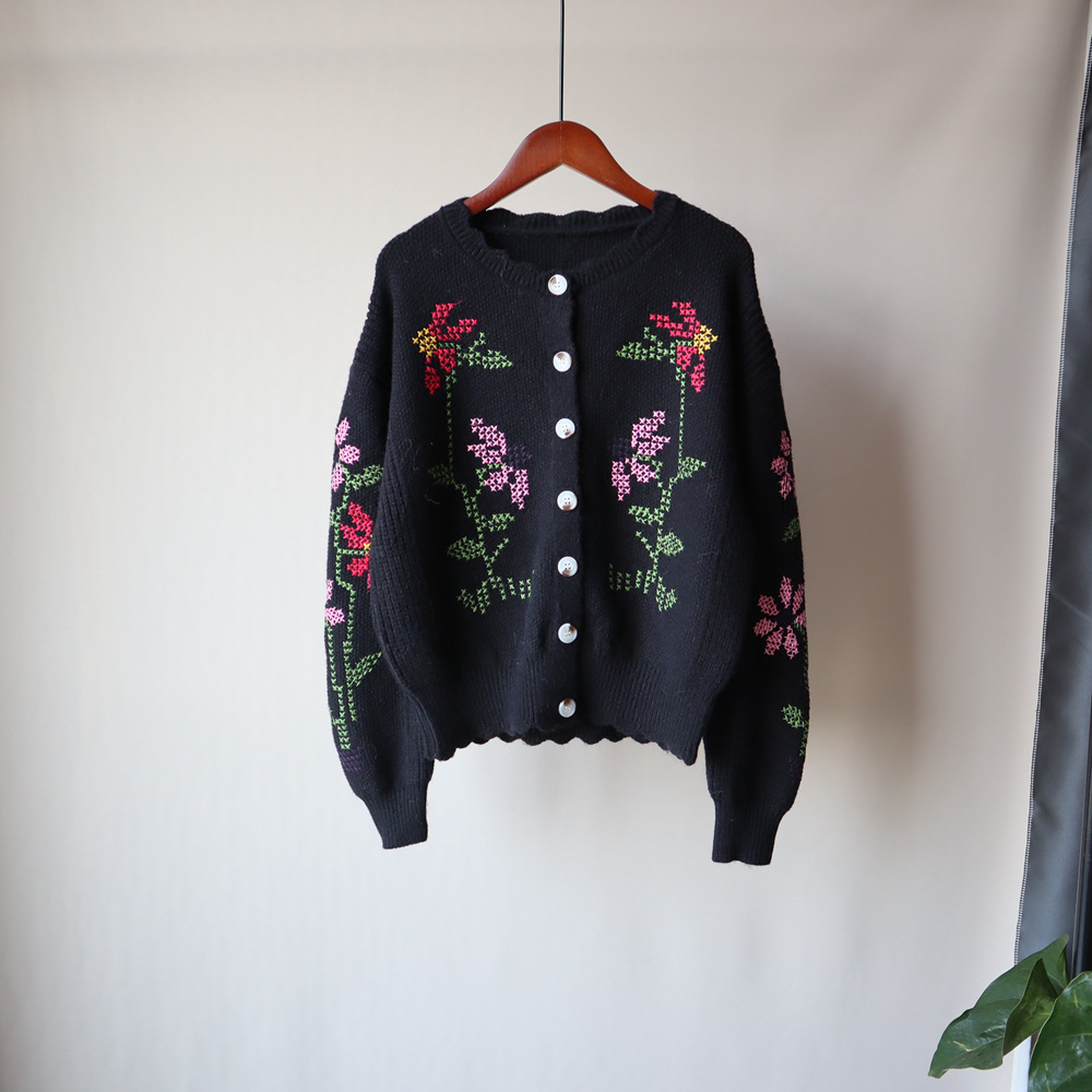 Nomikuma Pull Femme Floral Embroidery Long Sleeve O-neck Sweater Coat Autumn Winter Knitted Short Women Cardigans 6C299 210427