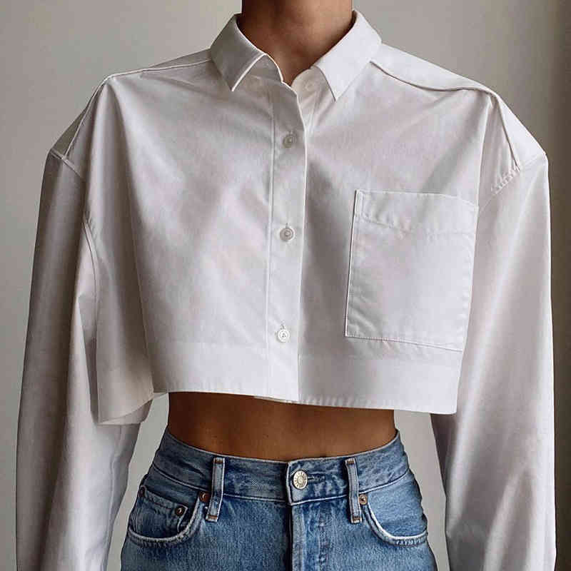 Elegant White Basic Women Cropped Shirt Summer Vintage Single Breasted Long Sleeve Lapel Pocket Temperament Chic Tops 210521