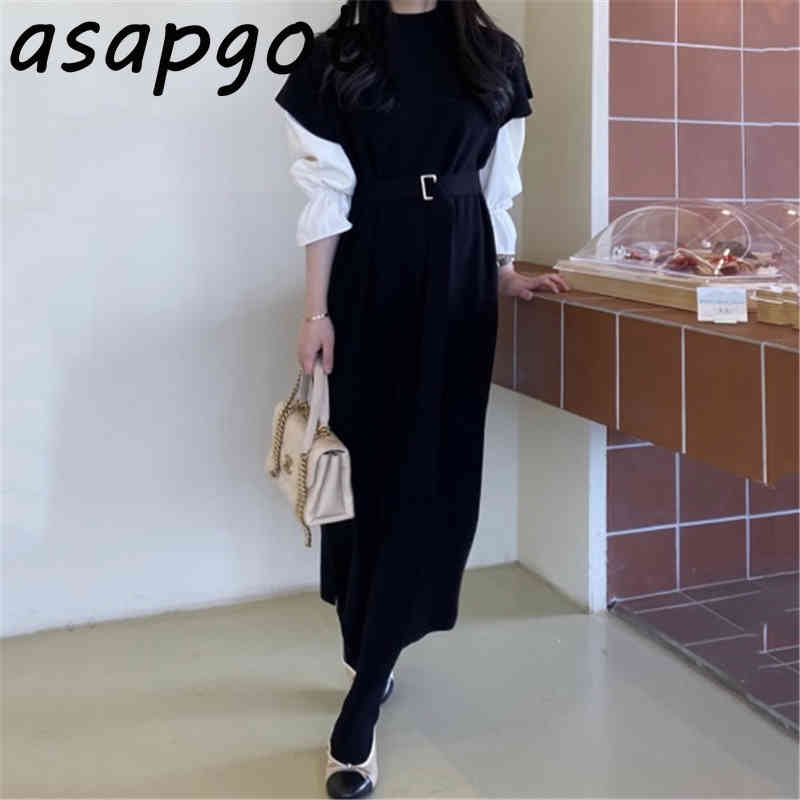 Autumn Chic Solid Loose Flare Sleeve Blouse Tops Half Turtleneck Short Knitted Dress Women Bandage Lace Up Waist Casual 210429