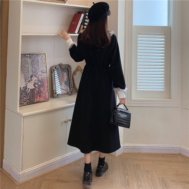 Vintage Dress Women Sweet Lace Peter Pan Collar French Elegant Long Sleeve Lace-Up Fairy Dress Korean Spring Chic 210521