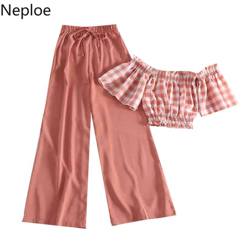 Neploe Fashion Korean Suit Two [iece Set Women Plaid Off Shoulder Crop Tops High Waist Wide Leg Pants Ropa Mujer 2 Piece Set 210422