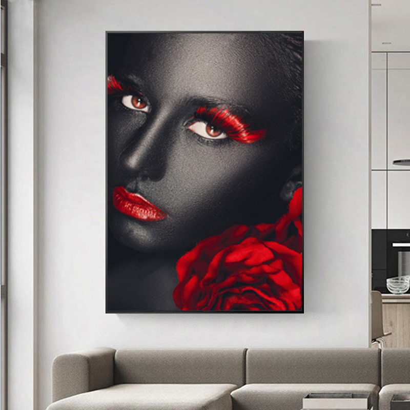 Black Woman Red Lips Posters And Prints Canvas Painting Nordic Style Abstract Portrait Picture Wall Art For Living Room no frame