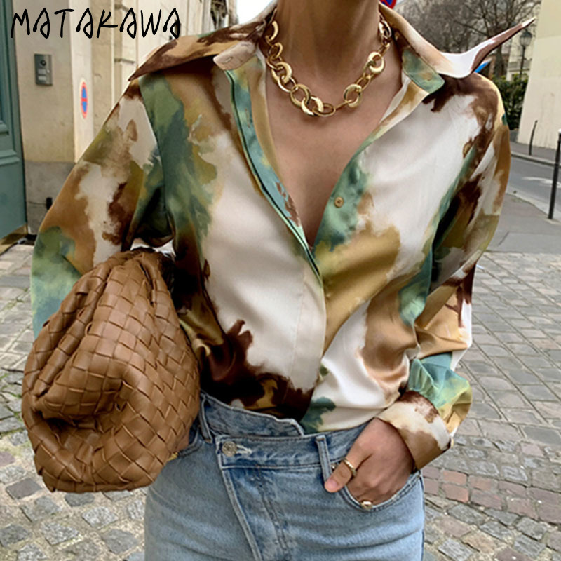 MATAKAWA Loose Casual Long-sleeved Shirt Top Korean Turn-down Collar Ink Printing Blusas Single-breasted Blouse Women Fashion 210513