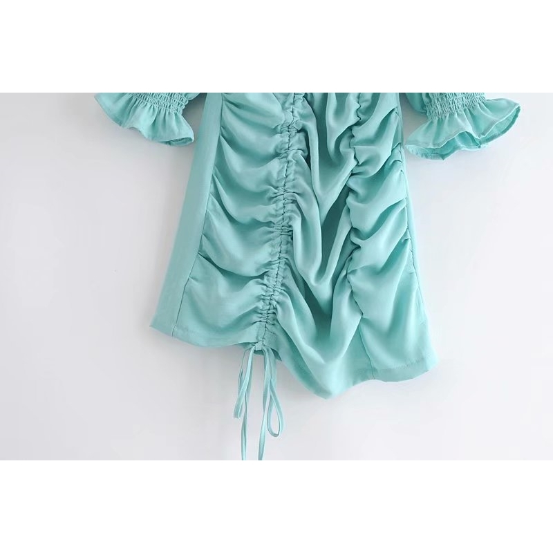 Elegant Women Chic Draped Dress Fashion Ladies Square Collar Slim Vestidos Sweet Female Sexy Drawstring Mini Dresses 210430