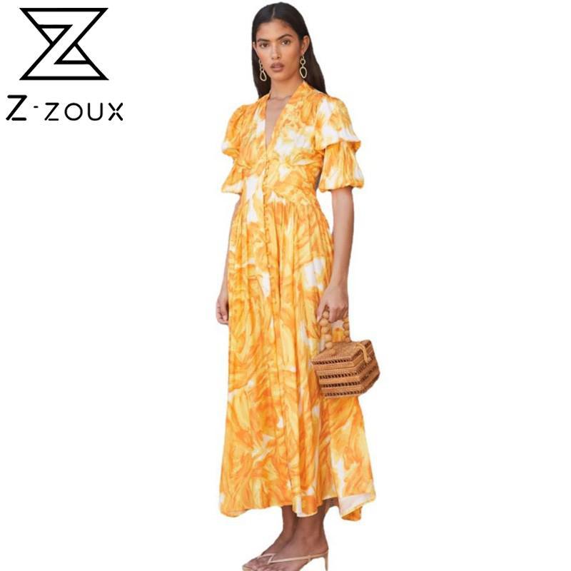 Women Dress V Neck Lantern Sleeve Printed Vintage es High Waist Large Hem Maxi es Retro Long Summer 210524