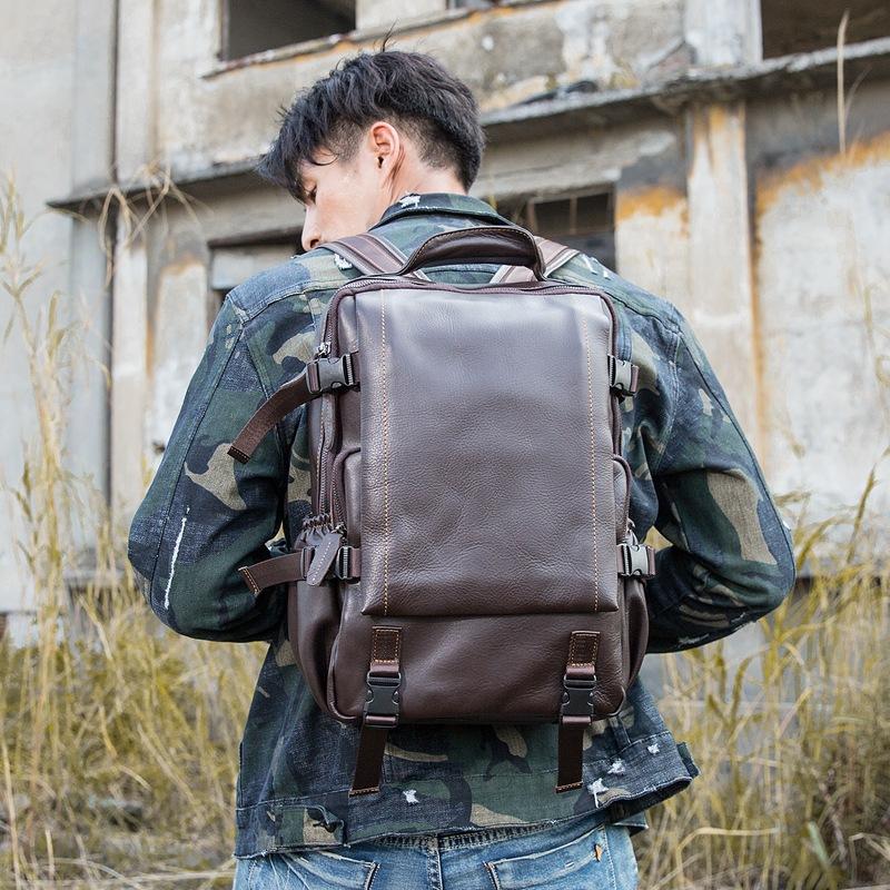 Backpack Men's Retro Genuine Leather Large Capacity School Bag Anti-theft Travel