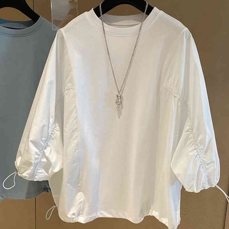Nomikuma Blouse Women Korean Drawstring 3/4 Sleeve Shirt Causal O-neck Solid Blusas Mujer De Moda Verano Elegantes 6G816 210427
