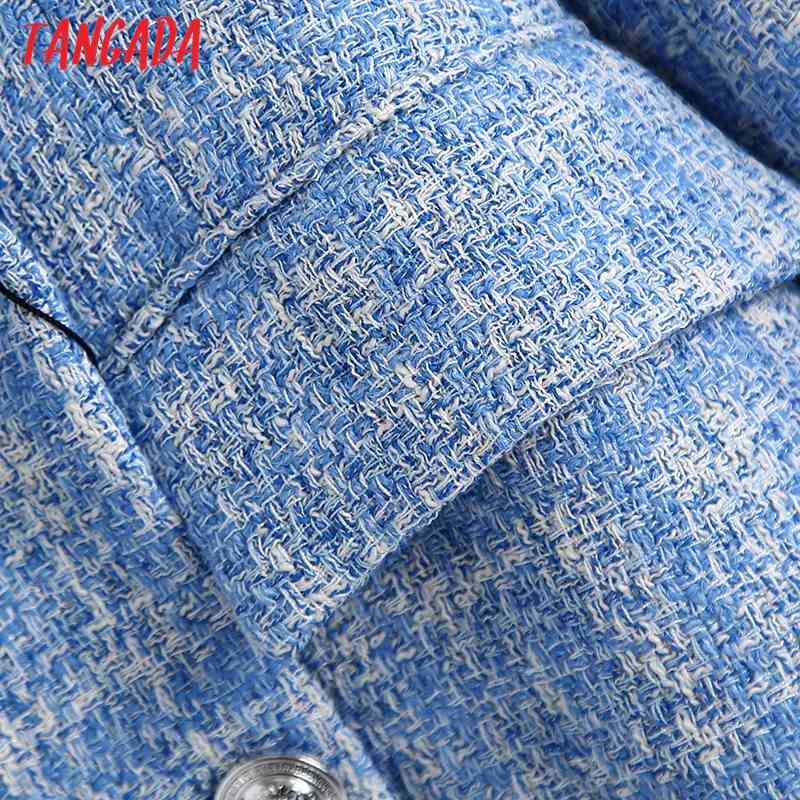 Women Double Breasted Tweed Blue Blazers Coat Office Lady Long Sleeve Pockets Female Outerwear BE508 210416
