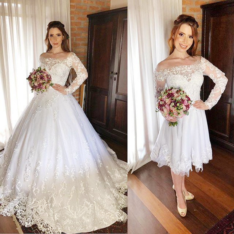 Detachable Skirt A Line Lace Wedding Dresses Bridal Gowns With Illusion Long Sleeves Off The Shoulder Floor Length Appliqued Princess Bride Dress 2021