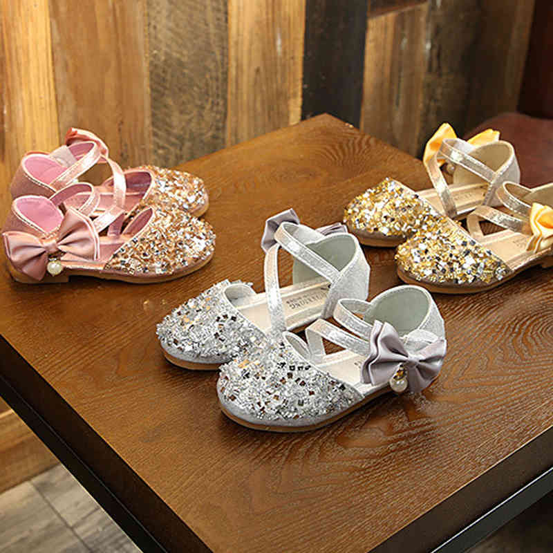 Melario New Children Leather Shoes Casual Girls Princess Flat Heel Party Shoes Fashion Sequins Bow Pearl Kids Shoes for Girls 210412