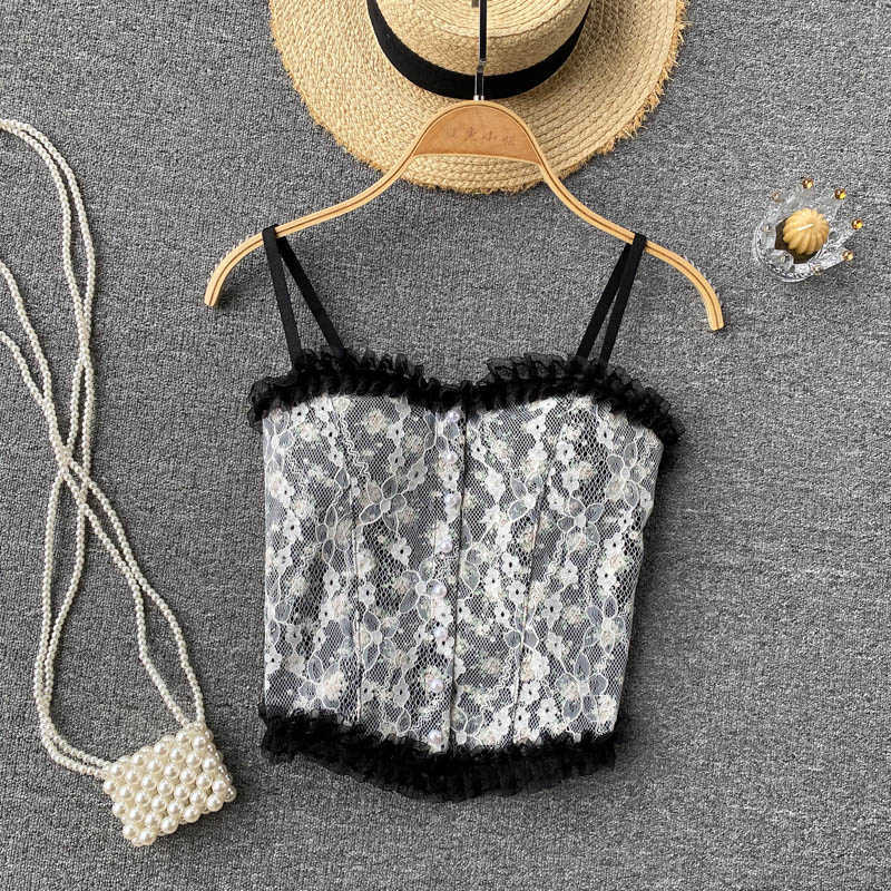 DEAT Women Lace Ruffles Pleated Printing Camis Arrivals Sexy Temperament Fashion Spring Summer 11D2011 210709