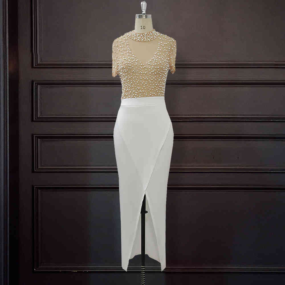 Sexy Dress See Through Tulle with Bead Tops Patchwork Slit Dresses for Women Short Sleeves Female Spring Summer New Arrival 210331