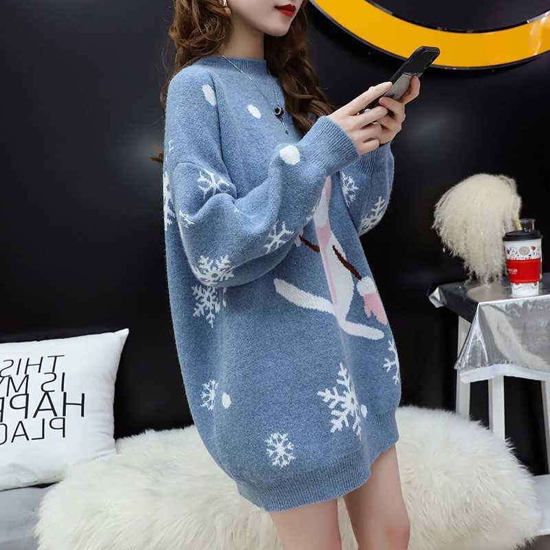 H.SA Korean Style Women Loose Style Oversize Pullover and Jumpers O NECK Snowman Snowflake Christmas Sweater Cartoon Pullover 210716