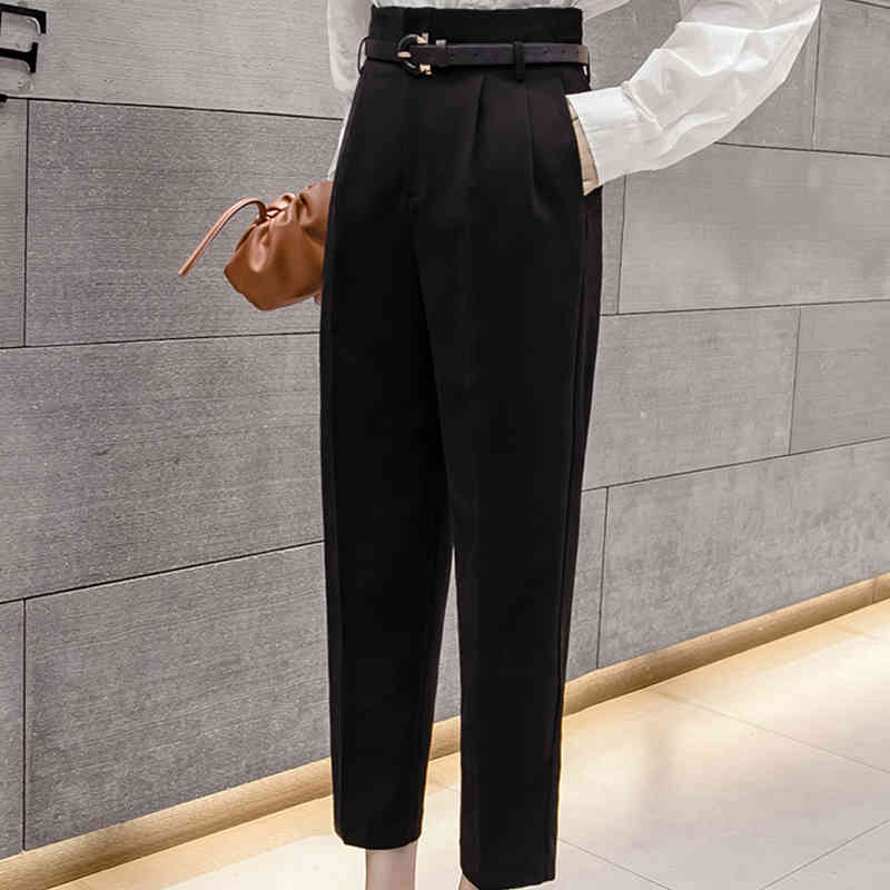 Spring Autumn Casual Suit Women's Workwear Solid High Waist Straight Pants Capris Trousers With Belt B11308P 210416