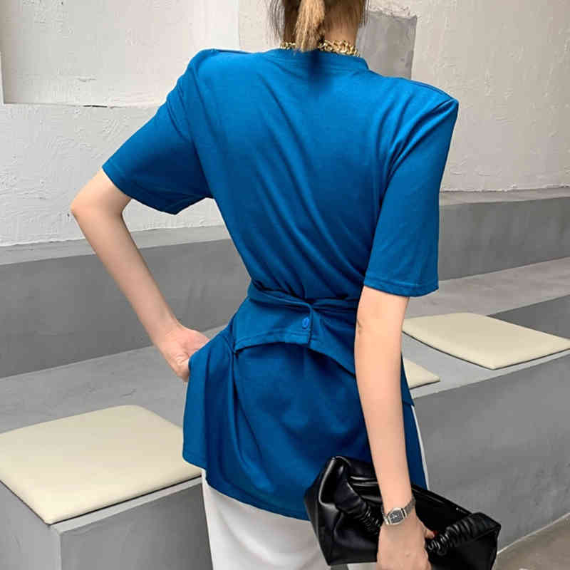 TWOWINSYLE Casual Ruched Irregular Shirt For Women O Neck Short Sleeve Solid Shirts Females Summer Fashion Stylish 210524