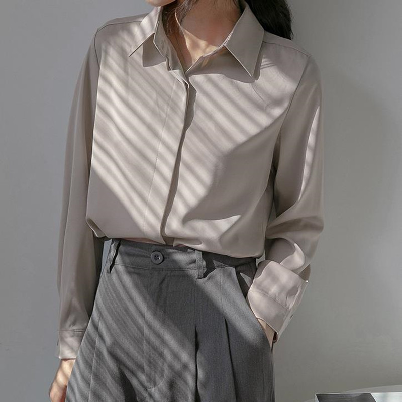 Spring Autumn OL Elegant Minimalist Satin Career Suit Shirt Women Chiffon Blouses Loose Lapel Long Sleeve Tops 210421