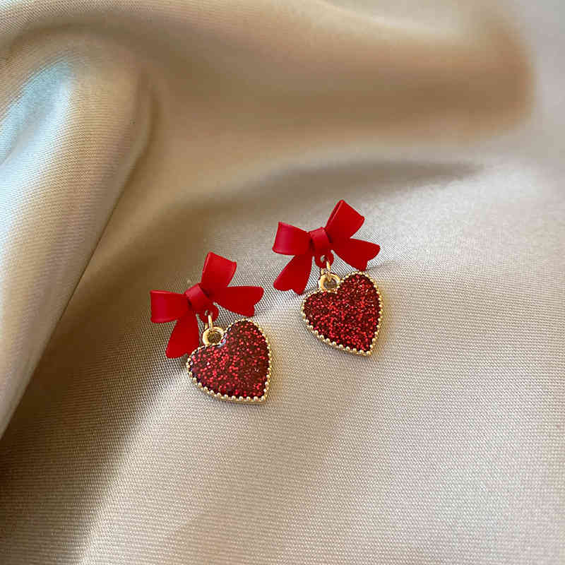 Charms Ear Stud Clip Rings S925 Silver Needle Red Bow 2021 Autumn and Winter Minority Bride Temperament Frosted Love Female