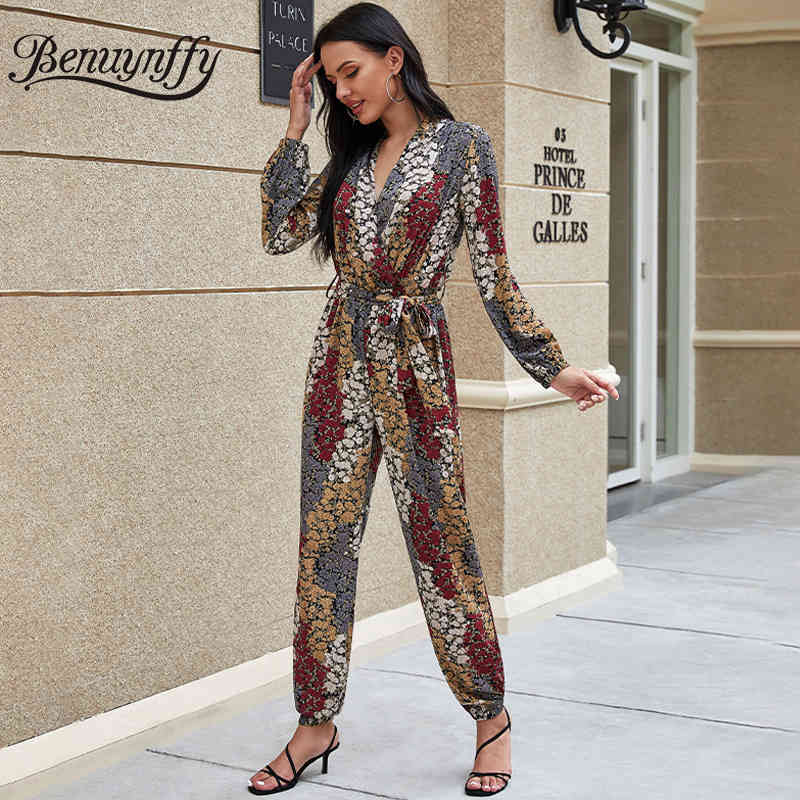 Elegant Chiffon Print Surplice Neck Belted Jumpsuits Women V Long Sleeve High Waist Jumpsuit Party Overalls 210510