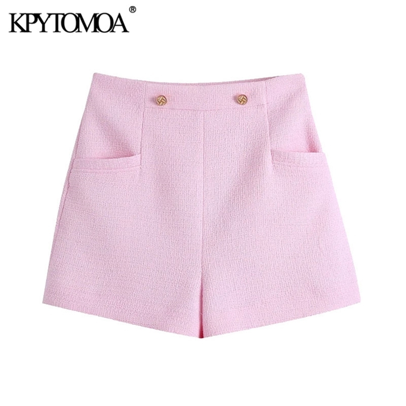 Women Fashion With Metal Buttons Tweed Bermuda Shorts High Waist Back Zipper Female Short Pants Mujer 210420