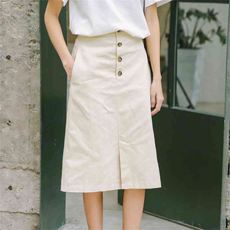 Spring Korea Fashion Women High Waist Knee-length A Line Skirt Single-breasted Cotton Casual Skirts Femme Saia M519 210512