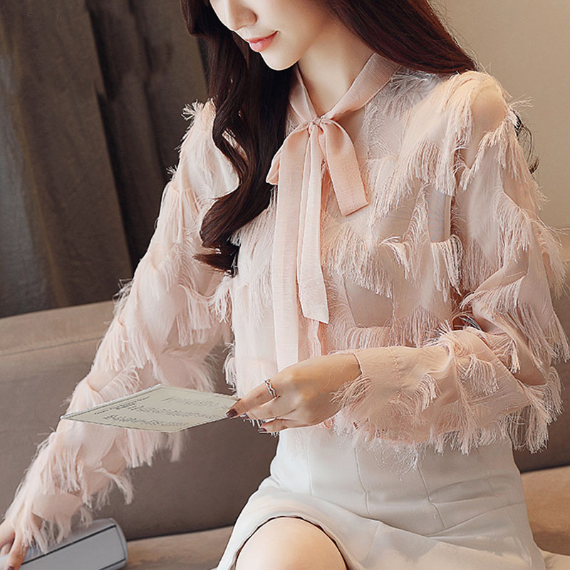 blusas mujer de moda Women Blouses Casual Pink and White Elegant ladies tops Long Sleeve Bow Women Clothing 5544 50 210417