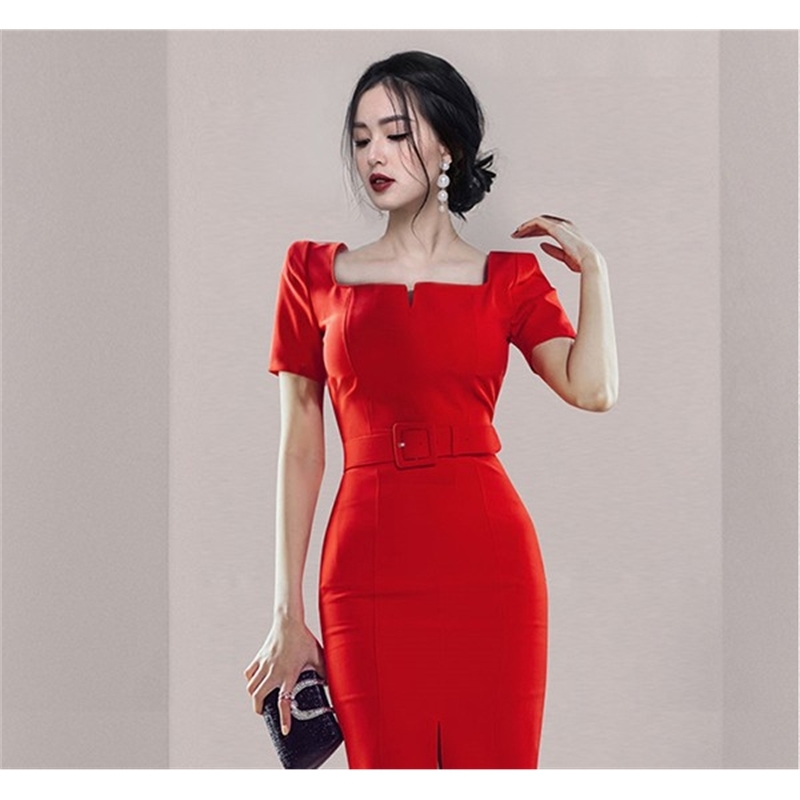 Summer Temperament Elegant Ladies Square Collar Short Sleeve Sheath Dress Bodycon Fashion Office OL Red Pencil 210519