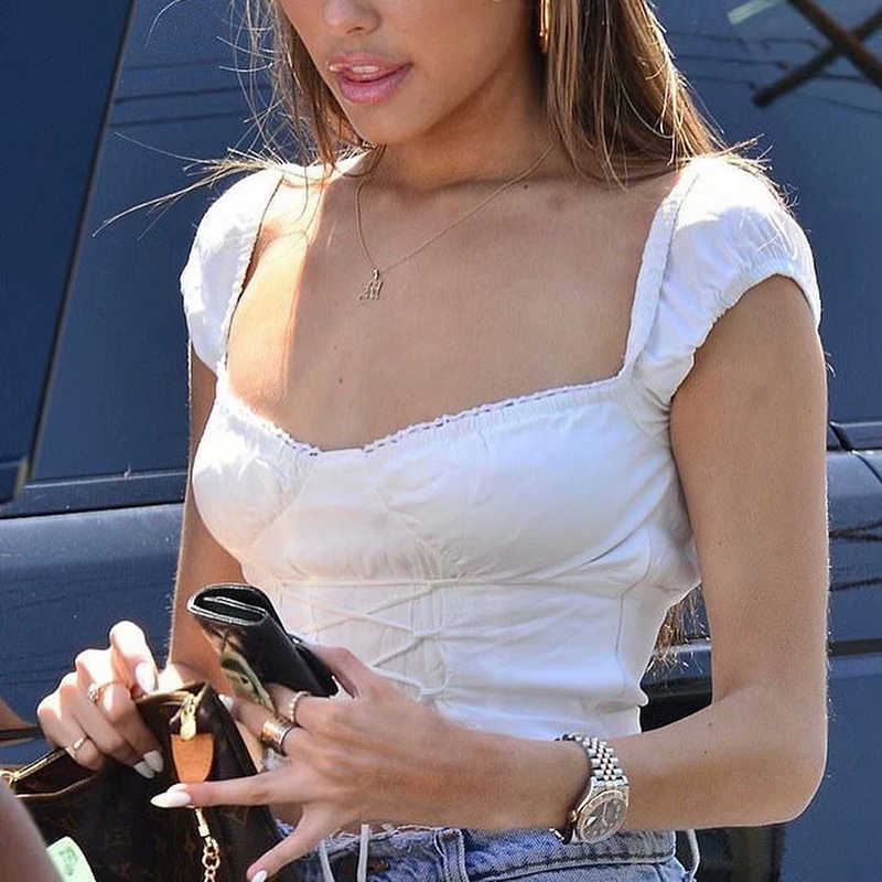 Vintage Women Bomb Cotton Blouses Summer Fashion Ladies Sexy Bandage Tops Party Female Chic Lace Top 210527