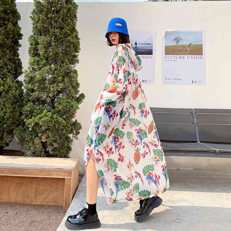 Spring Summer Chic Hit Color Print Woman Coat Hooded Long Sleeve Sun Protection Jackets Fashion All-match Clothing 210519