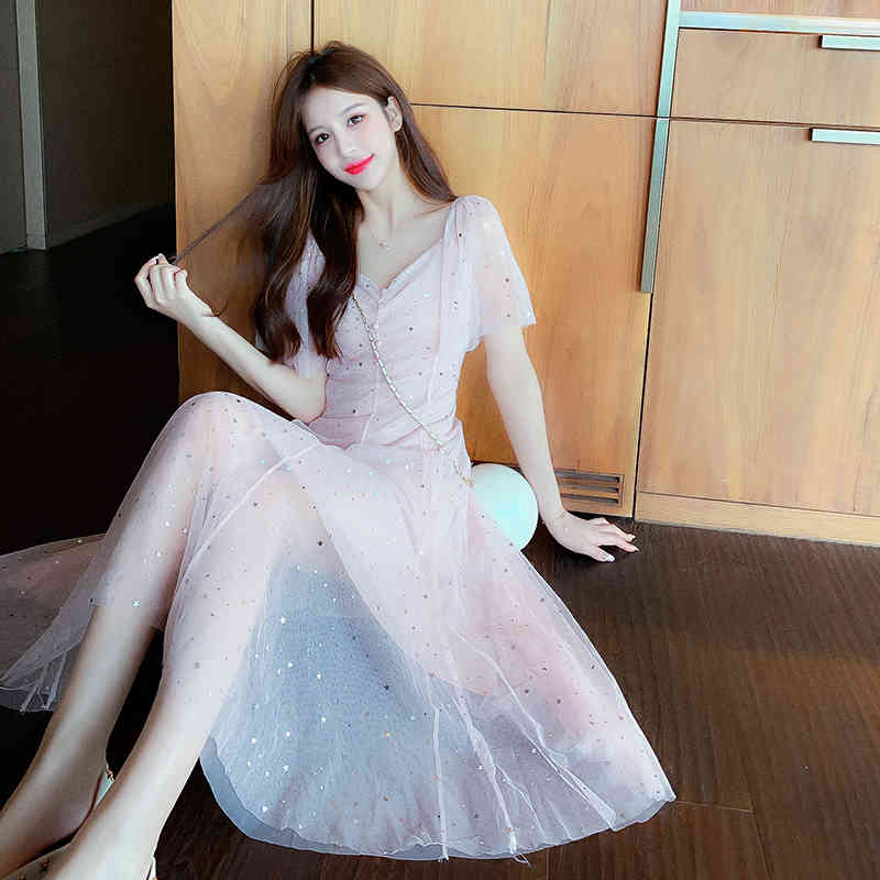 French Elegant Sequins Dress Vintage Mesh Women Fairy Summer Dress Sweet Kawaii Clothing Female Long Dress Spring 210515