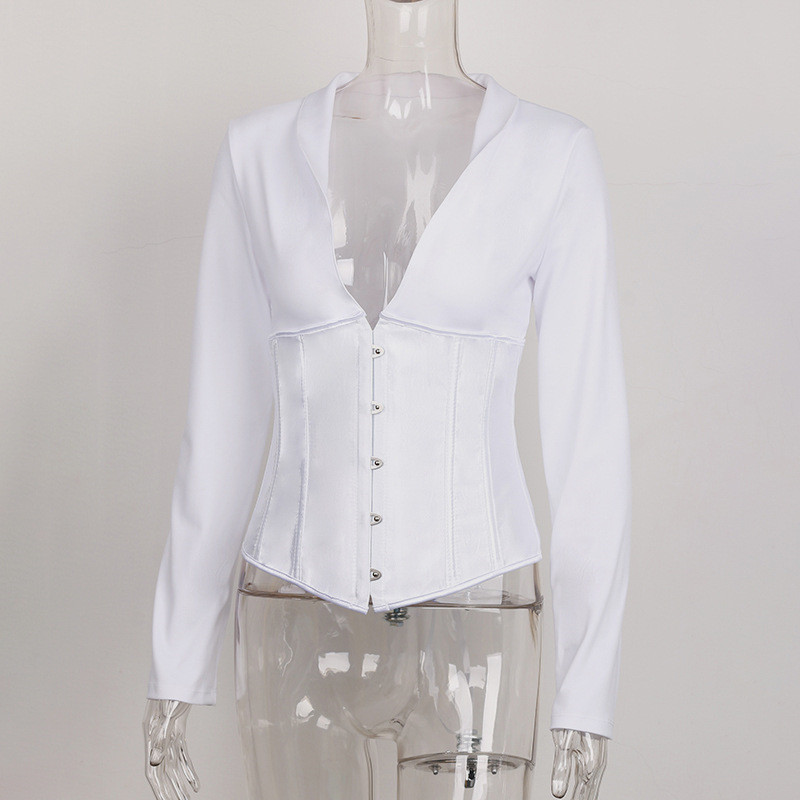 CNYISHE White Sexy Long Sleeve Shirts Women Button Lace Up Tops Elegant Black Corset T-shirts Autumn Womens Tops and Blusas 210419