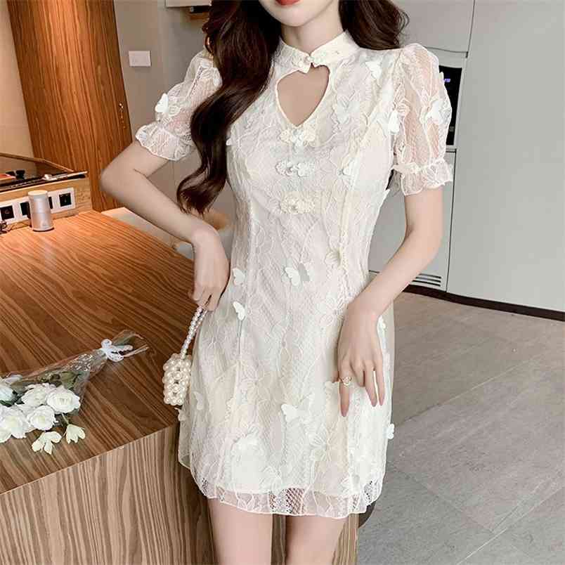 Summer Elegant Retro Cheongsam Improved Version Dress Fashion Lace Short Sleeve Slim Mini Party Dresses Vestidos 210519