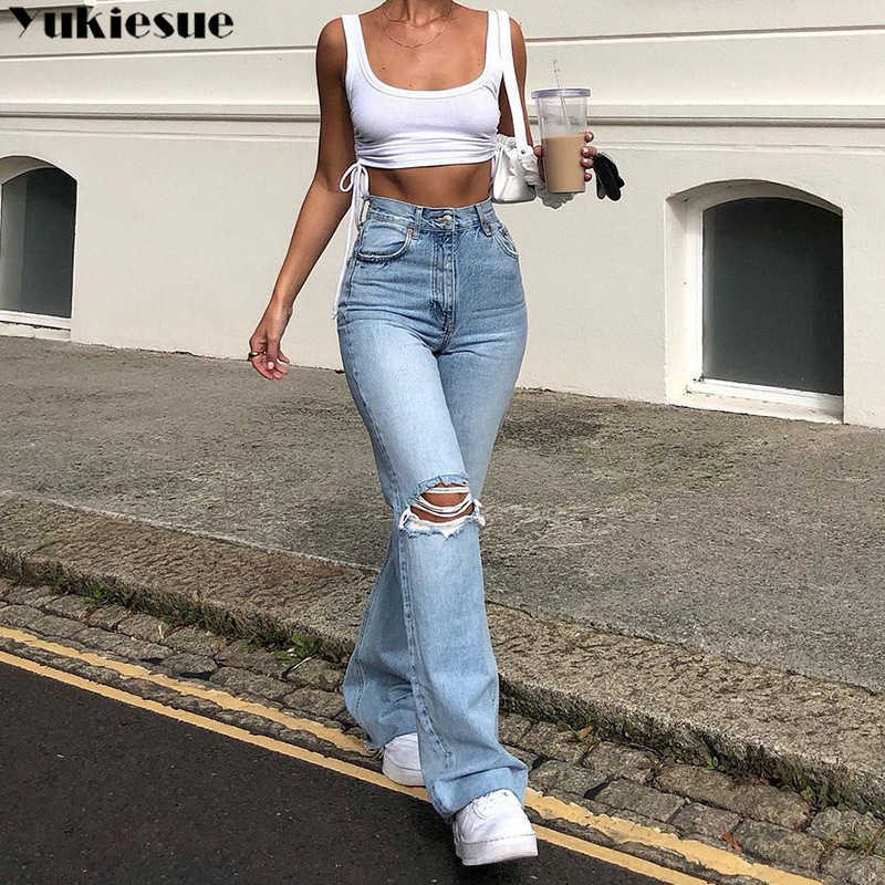 flare Pants Female Women's Jeans Large Size Boyfriend Women High Waist Mom Ripped Stright Trousers 210922