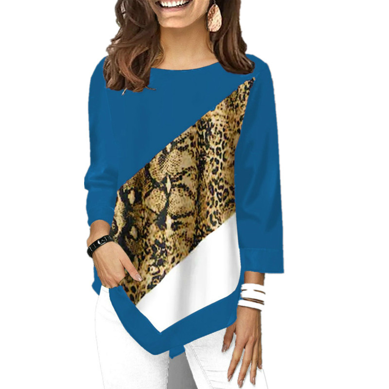 Women's T Shirt Spring Autumn Printed Stitching Long Sleeve T Shirt Ladies Casual Round Neck Plus Size Tops XS-5XL 210406