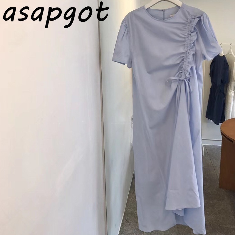 Chic Korean Gentle Loose O Neck Blue Fungus Drawstring Irregular Shirt Dress Women Short Sleeve Casual Summer White Vestido 210429