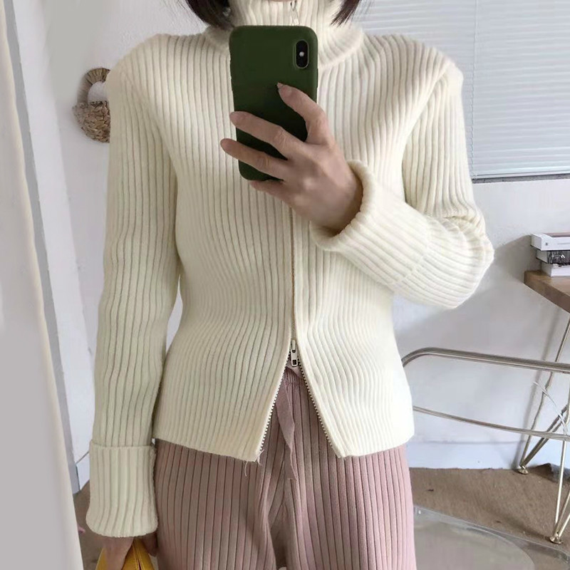 Nomikuma Korean Zipper Stand Neck Knitted Cardigan Long Sleeve Slim Women Sweater Coat Spring New Knitwear Jacket 6E147 210427