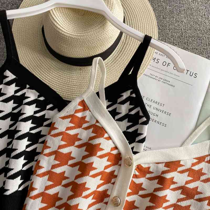 Fashion Summer casual single-breasted houndstooth knit camisole women's outer knit cami top sweater plaid V-neck top Camis 210625