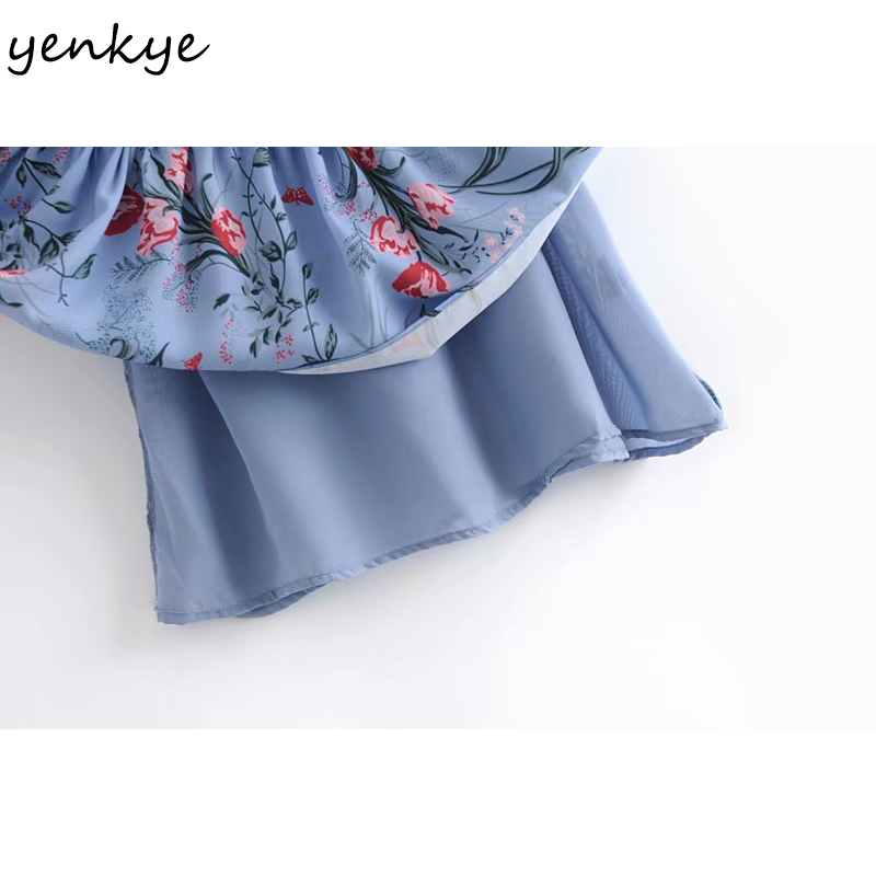 YENKYE Vintage Prairie Chic Floral Print Summer Dress Women Sexy Sleeveless Ruffle A-line Elegant Party Dress Chiffon Vestido 210515