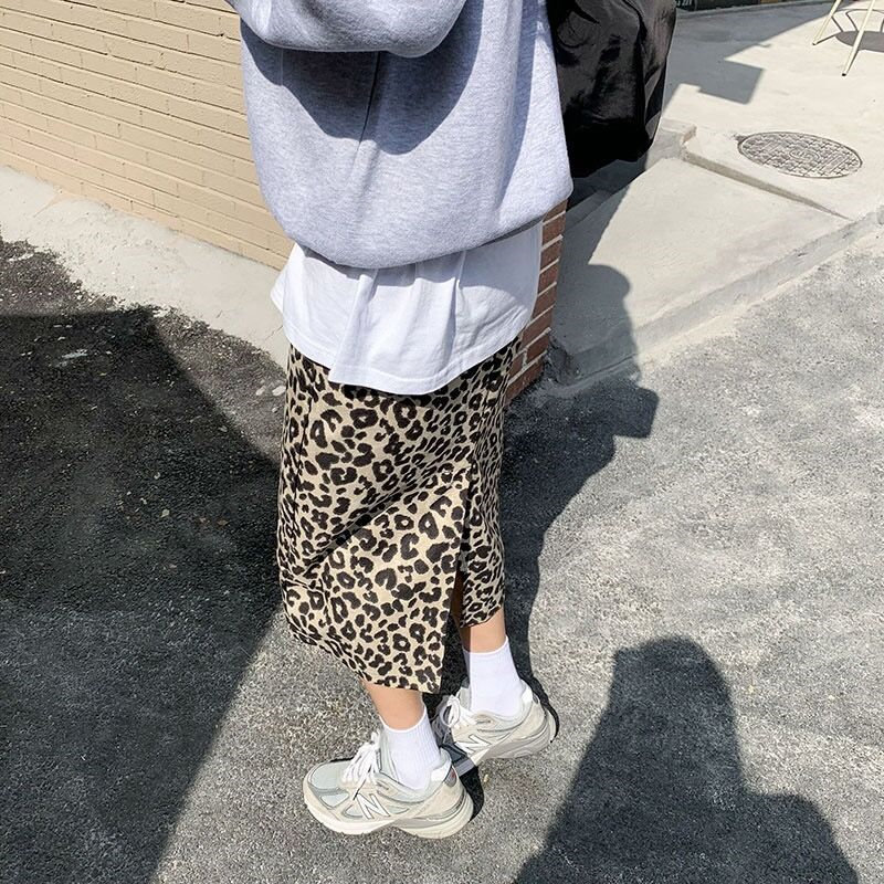 Fashion Leopard Female Arrival Animal Printed Split Skirts Women High Waist Streetwear OL Elegant Long 210421