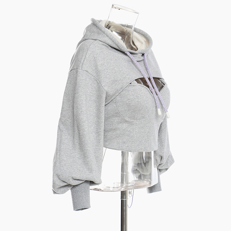 VGH Drawstring Hooded Sweatshirtf For Women Hollow Out Lantern Sleeve Sexy Crop Top Casual Hoodies Female Autumn Fashion 210421