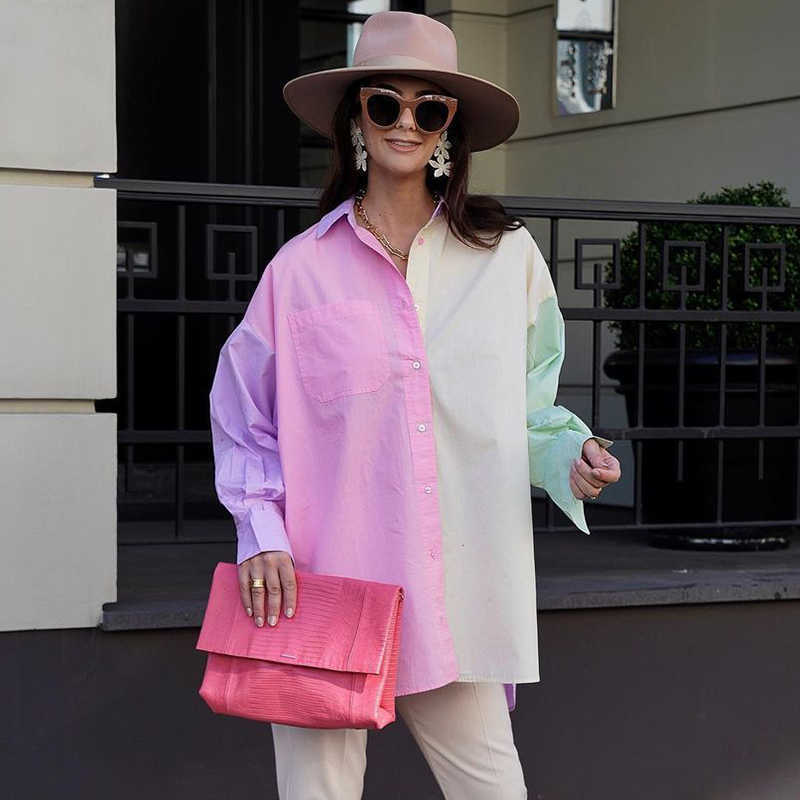 Vintage Women Patchwork Poplin Loose Shirts Summer Fashion Ladies Casual Shirt Party Female Chic Oversize Tops Stylish 210527